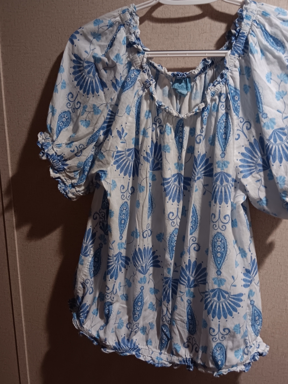 CeCe 🦄  White and Light Blue Floral Peasant Blouse